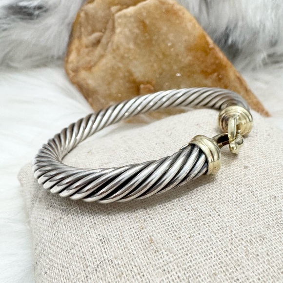 David Yurman 7mm Hook & Buckle Cable Cuff Bracelet .925 14K Gold Sz S - Picture 3 of 11